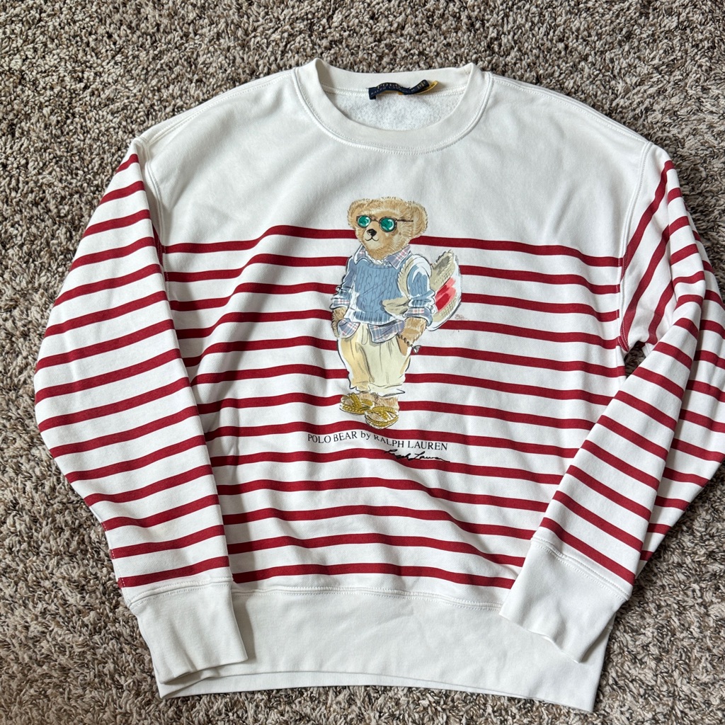Ralph Lauren White And Red Striped Bear Sweatshirt
